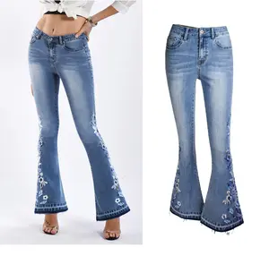 Denim Pants High Waist Plus Size Washed Wide Leg Bell-Bottoms Custom Embroidered Bell-Bottoms Women's Jeans