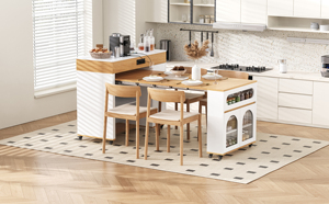Modern Solid Wood Dining <b>Table</b> with Extra-Long Folding Top and Rolling Kitchen <b>Island</b> with Drawers - Product Image 2