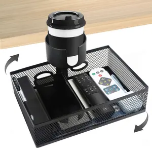 360 Rotating Under Desk Drawer Organizer Anti-slip Metal Drawer For Under Desk With Cup Holder 2 Wire Holes Under Desk Storage