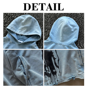 Sweat à capuche court en coton épais personnalisé, délavage vintage, imprimé graphique tendance, détail ourlet brut, streetwear premium - Product Image 6