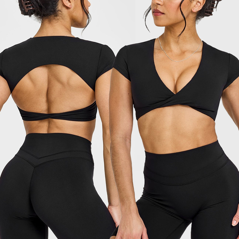 2026 New Trend Summer Women's V-Neck Hollow Back Quick-dry Gym Fitness Quick Dry Casual Yoga Running Sports Short Sleeve Top