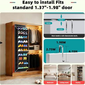 Over Door <b>Shoe</b> Organizer 20 Pairs Black Fabric Storage Rack With <b>Hooks</b> For Behind Door Wall Mount Use - Product Image 5