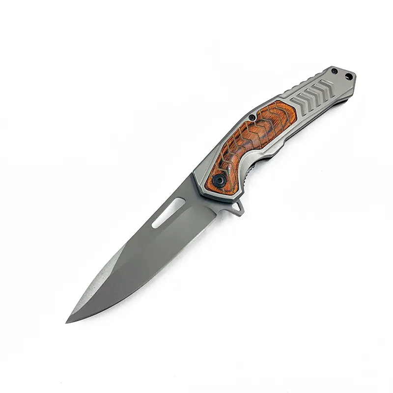 2022 New Blade Titanium Plating Wood Handle Folding Knife With Belt Clip For Camping Or For Gift