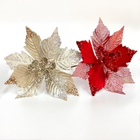 Grandes fleurs de poinsettia à paillettes de Noël, ornements pour arbre de Noël avec longues tiges, décorations de fête de Noël DIY