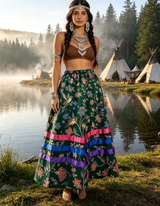 Falda Maxi de Mujer con Estampado Floral de Colibrí Estilo Vintage Canadiense, con Cintas de Colores y Volantes, Cintura Elástica, Venta al por Mayor, Ropa Casual Boho - Product Image 3