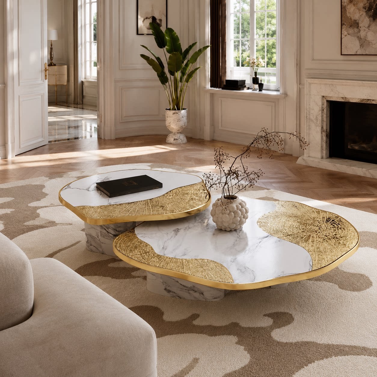 Modern Luxury Gold Round Marble Dining Table Set with 6 Chairs and ...