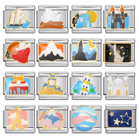 Perles de fabrication de bijoux en acier inoxydable de 9 mm, style italien, avec motif de château volcanique coloré et de bateau à voile, pour bracelet DIY, cadeaux