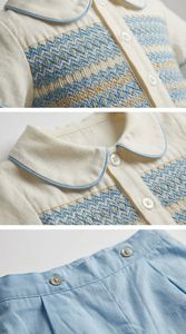Pelele corto azul de alta calidad para bebé, con smock hecho a mano, manga corta, estilo clásico, ropa de verano para bebé OEM - Product Image 4