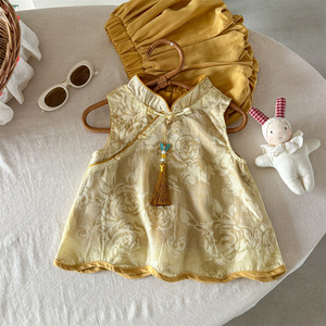Chinese Style Jacquard Vest Hanfu Set Baby Girls Summer Breathable Shorts Two Piece Outfit - Product Image 2
