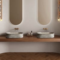Vasque de salle de bain ovale en pierre artificielle motif travertin grain de bois gris clair, durable, pour décoration intérieure