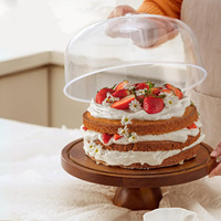 Présentoir à gâteau Plateau de serveur Support à gâteau avec base en bois Couvercle en dôme en acrylique transparent Plateau tournant Assiette à gâteau ronde en verre avec dôme en verre