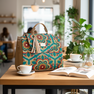 Sac de shopping en jute beige Fana Emilia, grand format, motif géométrique, fermeture à fermoir, poignée longue, style élégant, pour femmes adultes - Product Image 2