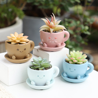 ROOGO Pot de fleurs en résine en forme de tasse à thé avec visage souriant, jardinière créative pour plantes succulentes, pot de fleurs en forme de cafetière de dessin animé pour ornement de table