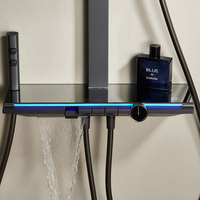 Système de douche thermostatique numérique avec affichage LED, jets de pluie, cascade, jets corporels portatifs, noir mat, montage mural