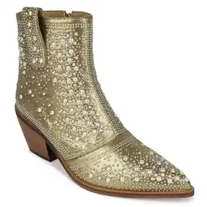 WETKISS Big Size Stiefel Damenschuhe Chunky Heel Luxus Gold Cowgirl Stiefel Pointed Toe Sparkly Pearl Cowboys tiefel für Texas