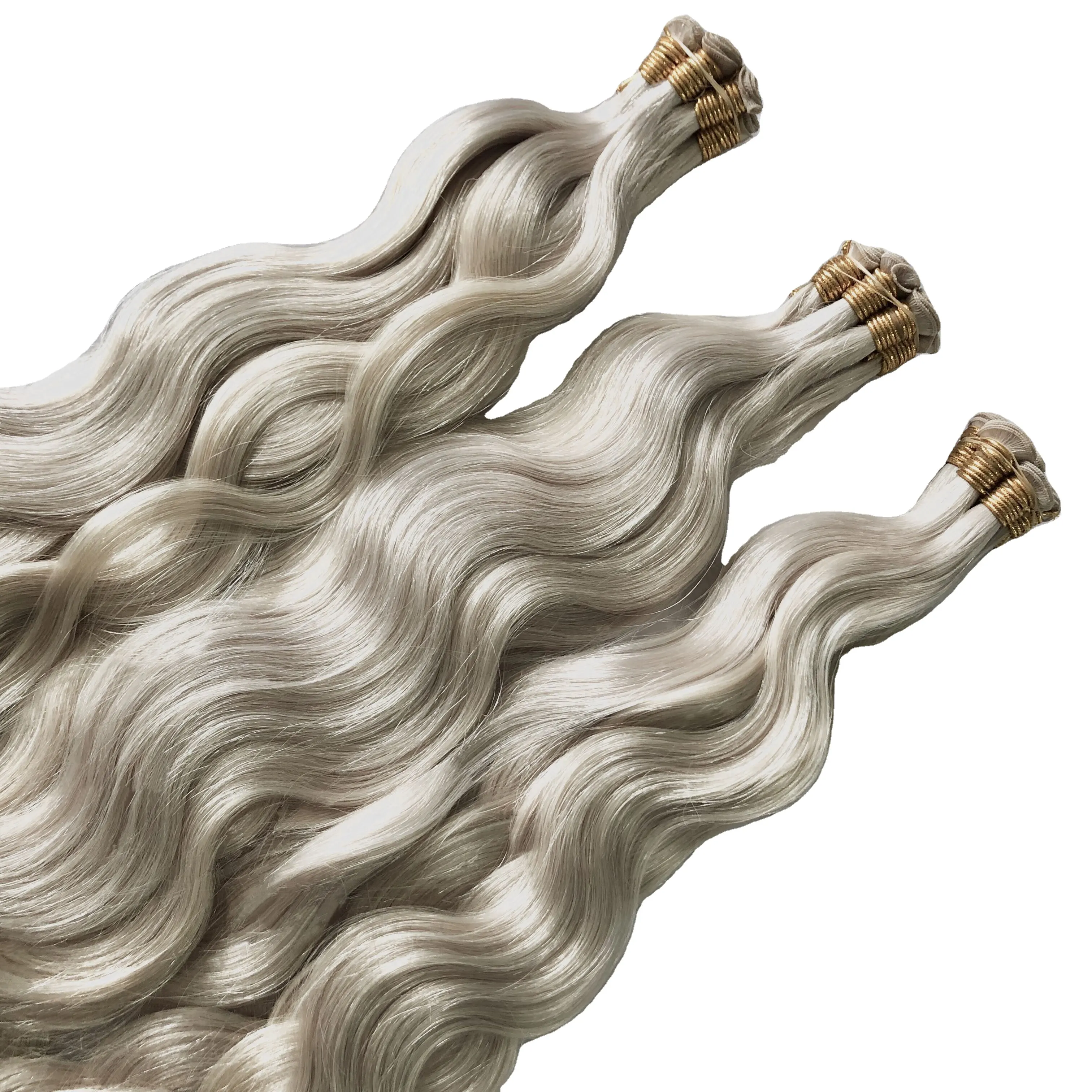 Natural Wave Whitest สีบลอนด์ยังไม่ได้มือผูก Weft Hair Extension Super Double Drawn