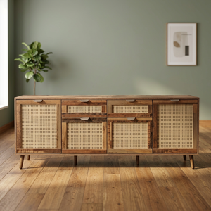 Buffet moderne en rotin 160 cm, console en bois recyclé avec 4 portes en rotin et 4 tiroirs, meuble de rangement bohème pour salon - Product Image 3