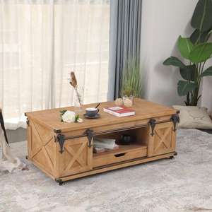 Table basse coulissante Innova personnalisée, style ferme rustique, rectangulaire, en bois artisanal antique, avec roulettes décoratives - Product Image 2