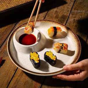 Assiette à compartiments en céramique émaillée de style japonais, 10 pouces, en porcelaine, ronde, pour raviolis et sushis, pour restaurant - Product Image 4