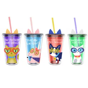 Promotional double wall hard paper insert reusable drinking cups cat ear 16oz plastic merry gift christmas mug with straw ear