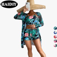 Nouvel ensemble 3 pièces de maillots de bain pour femme en tissu haute élasticité, avec imprimés sexy, haut dos nu, taille haute et cache-maillot, personnalisable