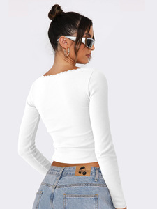 T-shirt côtelé à manches longues en dentelle pour femme, coupe ajustée, col rond, 92 % viscose, 8 % élasthanne, imprimé personnalisé - Product Image 3