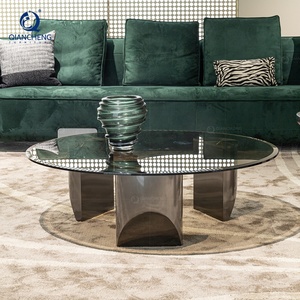 Mesita de centro de lujo de acero inoxidable, mesa de centro de latón templado de cristal negro - Product Image 3