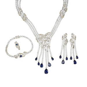 Parure de collier de luxe en argent 925 avec saphir de laboratoire, design multicouche à pampilles, entièrement sertie de diamants, accessoire haut de gamme pour robe de soirée - Product Image 1