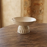 Plateau de service en porcelaine artisanale style Toscane ARM LVG, large ouverture, beige et blanc, avec piédestal en céramique, pour fruits et amuse-gueules