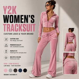 Y2k Women’s Custom logo Women <b>Tracksuit</b> Velour Jogger Set Cropped Zip Hoodie OEM ODM - Product Image 1