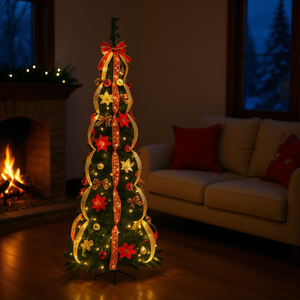 Sapin de Noël Pop de 1,80 m pré-éclairé à LED blanc chaud, décoré de nœuds et de poinsettias, pliable, artificiel, avec base pour intérieur - Product Image 2