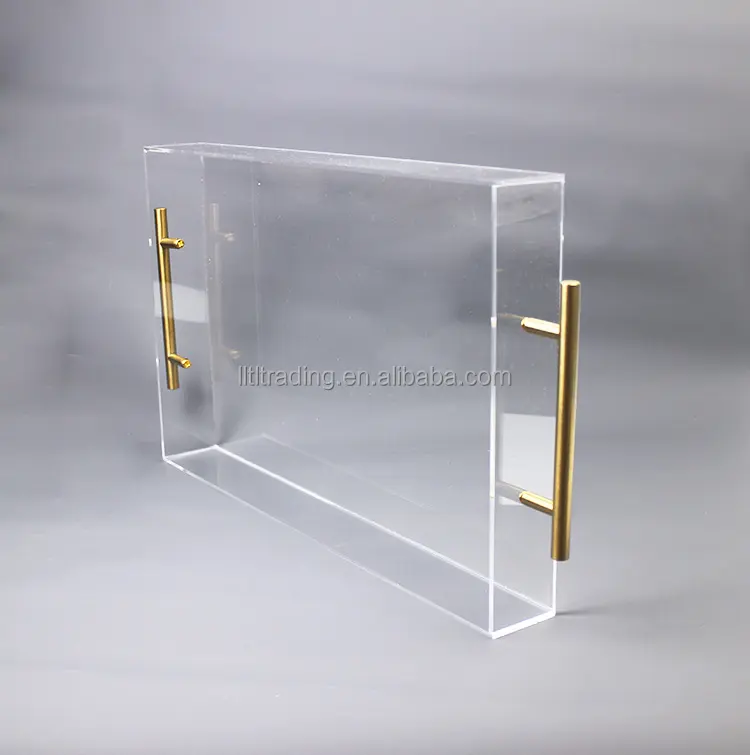 ถาดอะคริลิคใสสำหรับตกแต่งโต๊ะถาด Lucite พร้อมด้ามจับทอง,ถาดสี่เหลี่ยมขนาดใหญ่แบบกำหนดเอง