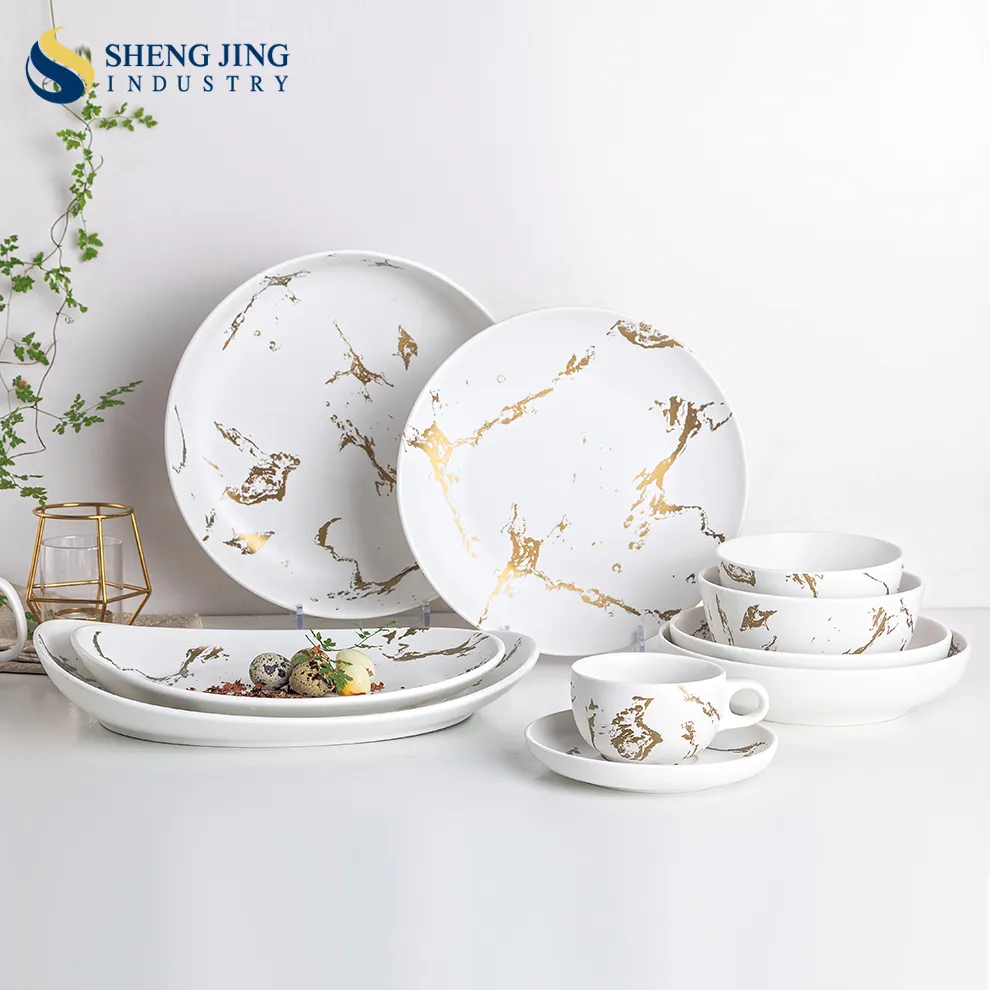 Nordic Style New Luxury Golden Marble Tableware Boutique Porcelain Hotel Tableware Set Ceramic Bowl Plate
