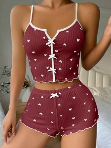 Wholesale Sexy Heart Print Pajama Set for Women Sleepwear Stain <b>V</b>-<b>Neck</b> Sleeveless Casual <b>Cami</b> <b>Top</b> and Shorts Sets Loungewear - Product Image 3