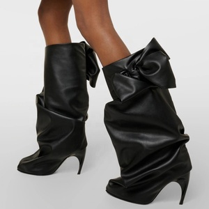 Wide Top Women's Knee High <b>Boots</b> Pointed Toe Bow Knotted Pants Long Booties Stiletto Hook Shape Heels Stage Shoes - Product Image 1