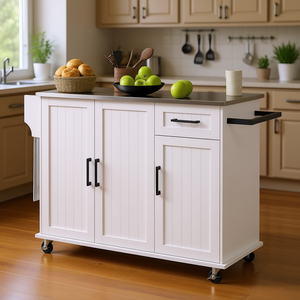 ไอส์แลนด์ครัวสีขาวพร้อมท็อปสแตนเลส 1 ลิ้นชัก ดีไซน์แบบมีล้อเลื่อน ตู้เก็บของแบบโมเดิร์น - Product Image 2