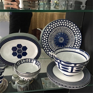 58 Pcs <b>Dinnerware</b> <b>Set</b> Kitchen Utensils Flatware <b>Sets</b> Porcelain <b>Dinnerware</b> <b>Set</b> Wholesale Western Ceramic Minimalist Blue Cup Kit - Product Image 4