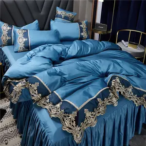 Princess style 100% pure cotton silk solid color wedding bed sheet and duvet cover four-piece lace skirt bedding sets