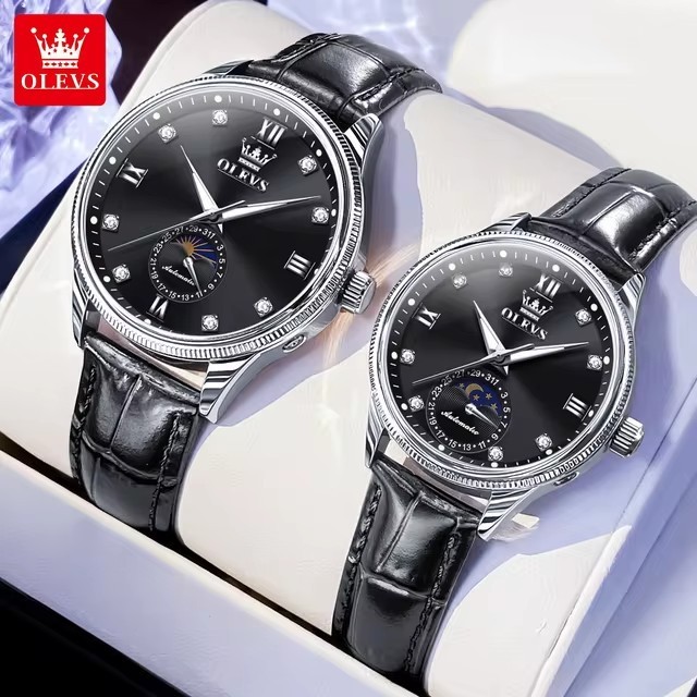 OLEVS 7039 Waterproof Moon Phase Mechanical Couple Lover's Watches Fashion Casual Automatic Wrist Watch Genuine Leather Watch