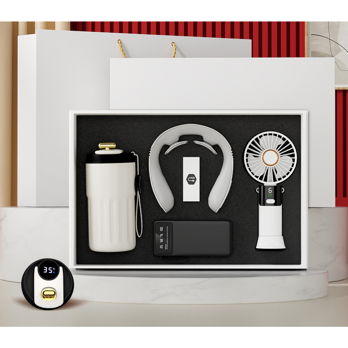 Mini ventilateur + masseur de cou + ventouse 350 + parapluie + batterie externe