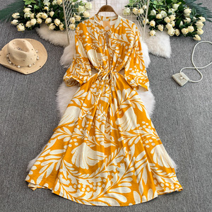Vestido de mujer nuevo con cuello redondo, manga farol, cintura con cordones, efecto adelgazante, plisado y falda larga en línea A - Product Image 1