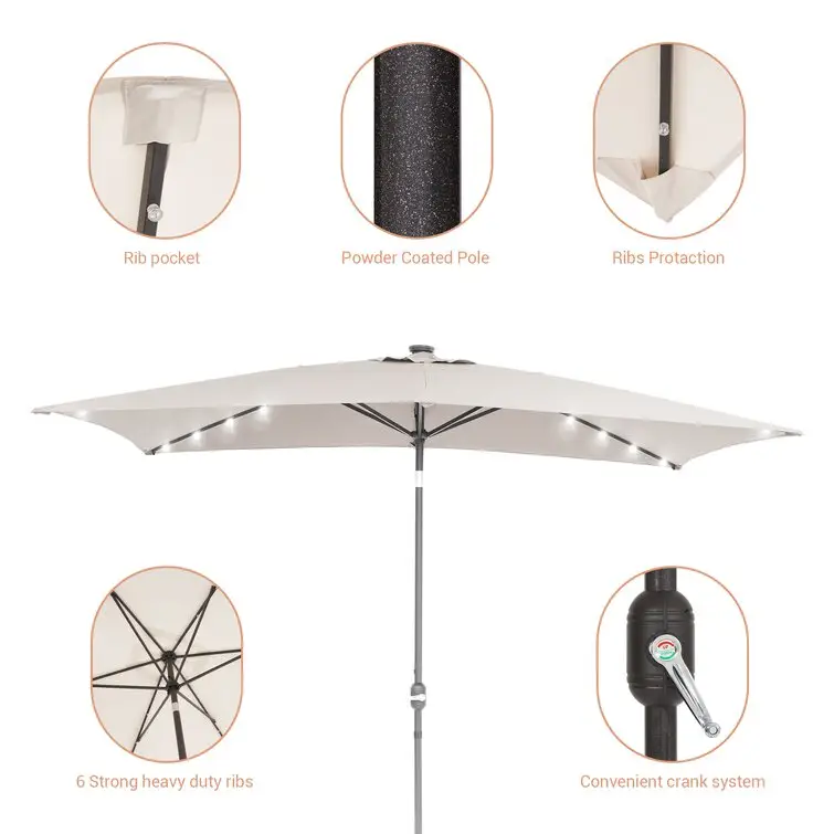 야외 정원 호텔 9 피트 대형 상업용 야외 태양 전지 패널 파티오 우산 주도 조명 크랭크 리프트 테이블 시장 우산