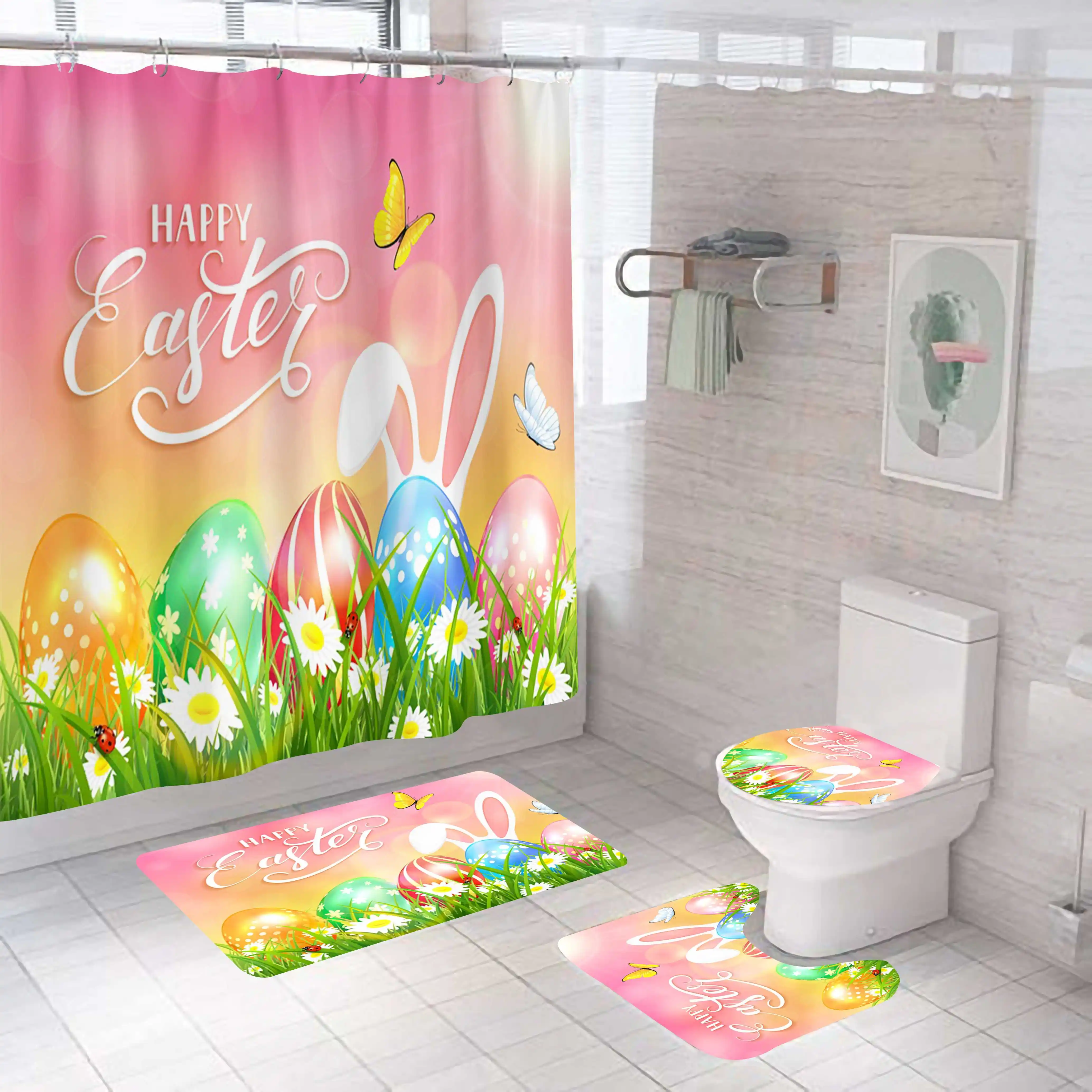 Cortina de ducha con estampado de dibujos animados, conjunto de decoración de baño, impermeable, temática de vacaciones, Pascuas