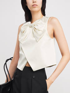 Chaqueta Corta Elegante para Mujer, Estilo Heredera, Holgada, Transpirable, con Lazo, Sin Mangas, Cuello Redondo, Satén, Color Sólido, Asimétrica - Product Image 3