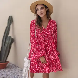 Váy Nữ Mini 2020 Váy Nữ Dài Tay Độc Lập Sản Xuất Hoa Đỏ Váy Giản Dị Mùa Hè In Hoa