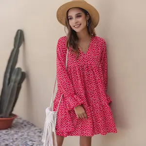 Frauen 2020 Frauen Mini kleid Frauen Langarm kleid Unabhängige Produktion Blumen rot Freizeit kleider Sommer Blumen druck