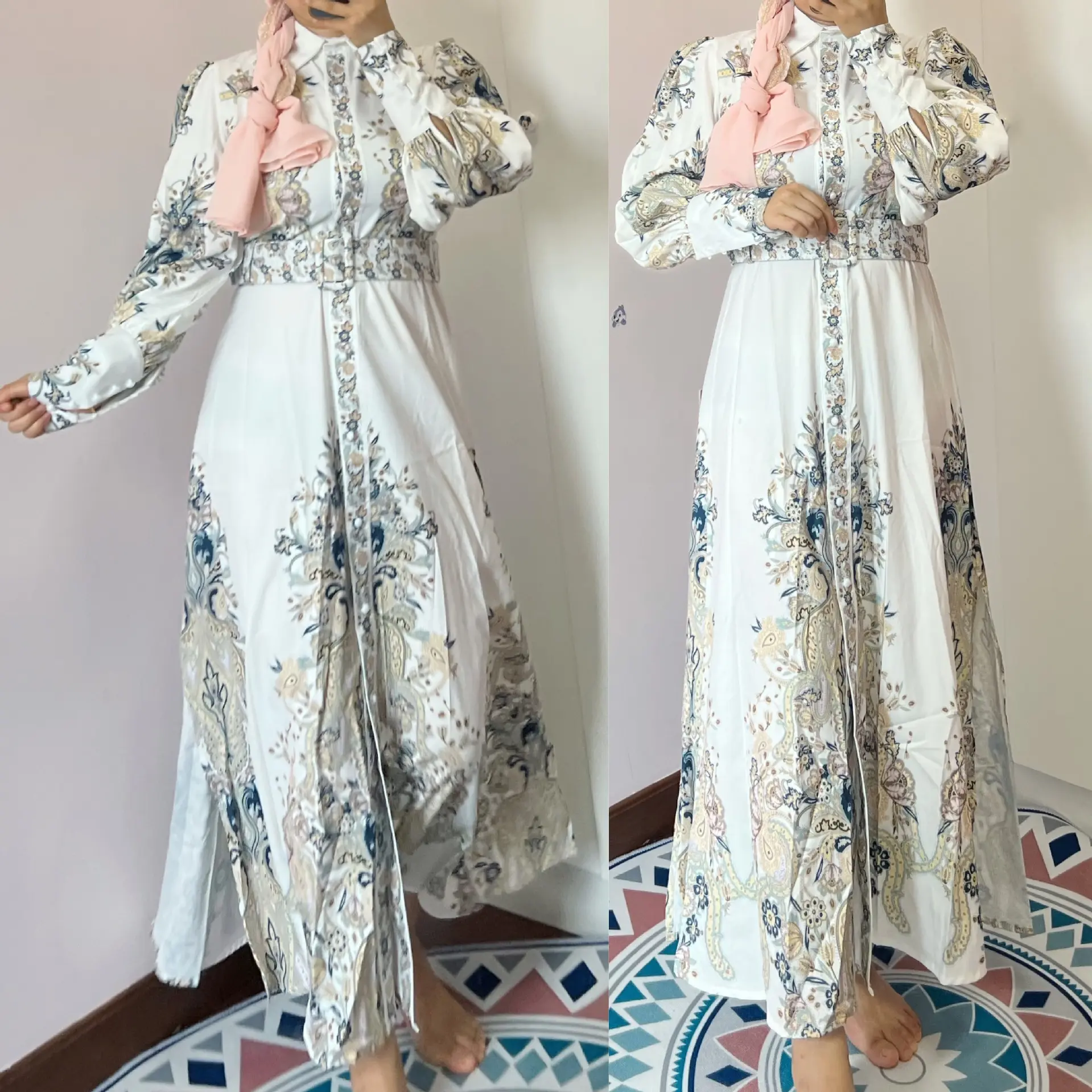 Gaun Runway Liburan Gaya Etnik Antik Wanita Kemeja Elegan Cetak Bunga Maxi Gaun Panjang Pakaian Islami Turki Jalabiya