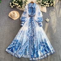Robe pour femmes de style rétro européen et américain, robe longue imprimée à col à revers et manches bouffantes avec patchwork et taille cintrée