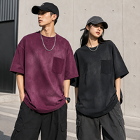 T-shirt en coton pur 275g avec poche, bords effilochés, finition délavée, style streetwear pour homme, manches courtes, haute qualité, tendance