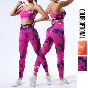 Customizable Logo Tie Dye 2 Piece Sets Breathable Elasticity Sports Gym High Waisted Leggings And Sports Bra Yoga Set For Women